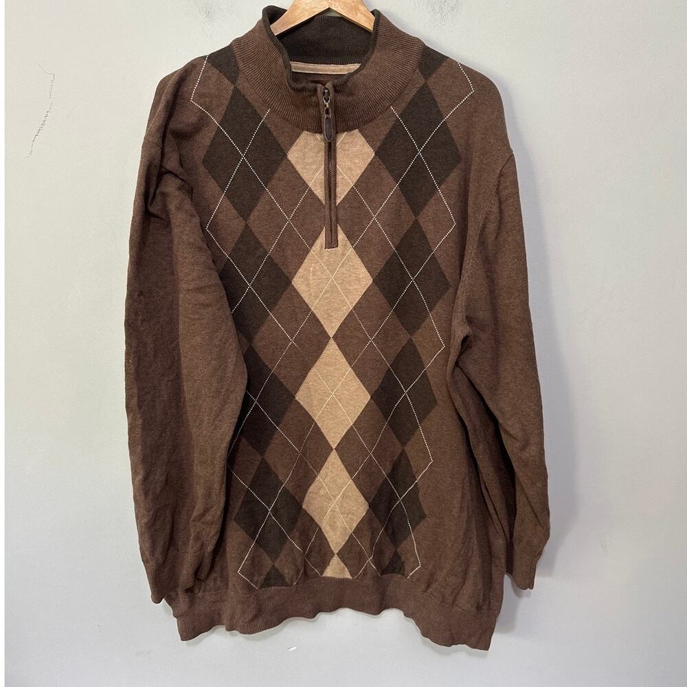 Oak Hill Sweater Mens 2XLT Brown Argyle 1/4 Zip Pullover Golf Preppy Grandpa